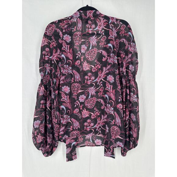 Sanctuary Top Womens Small Black Pink Floral Sheer Boho Bohemian Neck Tie - Picture 8 of 10